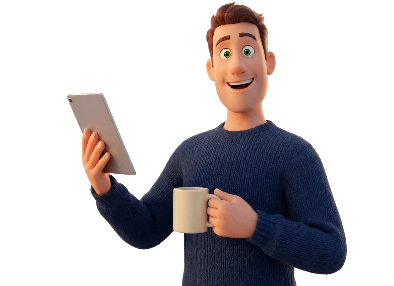 Personagem da CloFin apresentando o aplicativo de gestão financeira